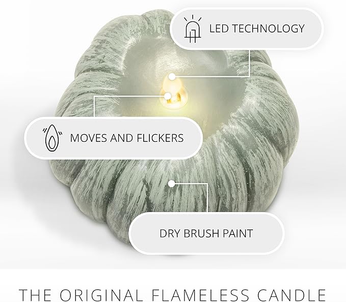 Luminara Pumpkin Figural Flameless Flickering Moving Flame LED Candle (5.25" x 4.5"), Smooth Real Unscented Wax, Time Function (Iceberg Green)