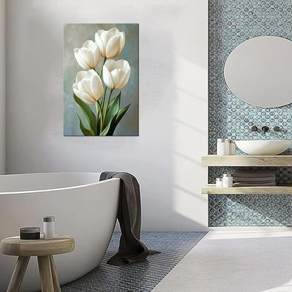 White Wall Art Tulips Wall Decor Flowers Pictures Modern Floral Paintings Canvas Prints Artwork for Bathroom Living Room Bedroom Home Decoration Framed