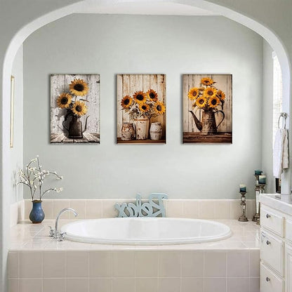 AOYUSMO 3 Piece Sunflower Wall Art Rustic Vintage Floral Canvas Wall Art Flower in Pitcher Pictures Wall Decor Farmhouse Art Prints for Kitchen Living Room Bedroom 16"x24" Framed