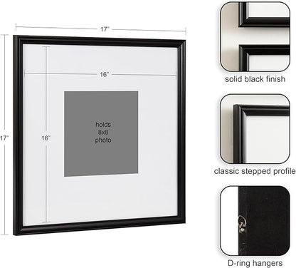 Kate and Laurel Adlynn Square Picture Frame Set of 3; 16 x 16 matted to 8 x 8; Black; Modern Three-Piece Frame Set for Gallery Wall Frame Set in Living Room Wall Decor