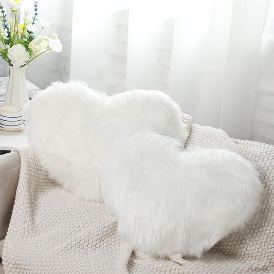 Enhon 2 Pcs Fluffy Heart Pillows Faux Fur Heart Shaped Plush Pillow Soft 20 x 15.7 Inch Love Throw Pillows with Insert for Decorative Office Home Bedroom Living Room Sofa(White)