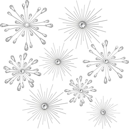 Blulu 8 Pcs Silver Metal Wall Art Cast Iron Starburst Wall Decor Bling Crystal Sculptures Living Room 3D Teardrop Radial Rhinestone Hanging Diamond Accents for Home Office Bedroom Entryway