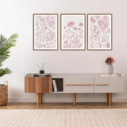 KAIRNE Floral Wall Art Set of 3,Framed Vintage Botanical Flower Canvas Prints,Pink and White Minimalist Wildflower Artwork,Modern Farmhouse Boho Decor for Living Room Bedroom Office Kitchen,16X24 inch