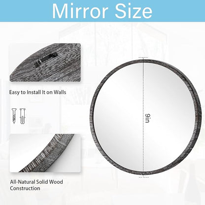 JJUUYOU Rustic Round Mirror, Hanging Wall Decorative Small Mirror Natural Wooden Farmhouse Frame with White Wash Edge for Bedroom, Bathroom or Dorm 23CM