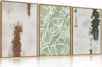 Large Abstract Green Brown Geometric Framed Canvas Wall Art Set,Minimalist Neutral Brush Stroke Wall Decor,Modern Watercolor White Curved Lines Artwork for Living Room,Bedroom,Office-24 x36 x3