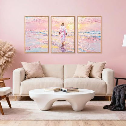CHDITB Jesus Walking on Water Framed Canvas Wall Art(24"x36"), 3 Panels Colorful Abstract Christian Bible Story Faith LDS Artwork Prints, Large Religious Watercolor Boho Sunset Landscape Christ Gift Decor for Home Office Bedroom
