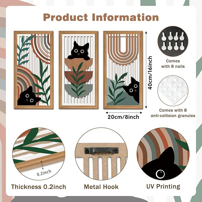 IARTTOP Black Cat Wall Art 3 Pcs Boho Mid Century Modern Wood Wall Decor Abstract Geometric Bohemian Cat Hanging Decor for Farmhouse Bedroom Living Room 7.9 x 15.8 Inch