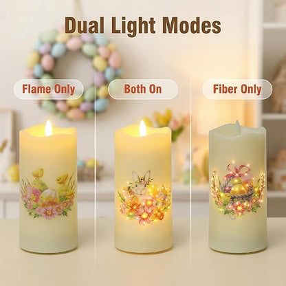 Eywamage Fiber Optic Spring Flameless Candles with Remote, Flickering Easter LED Pillar Candles Battery Operated Set of 3