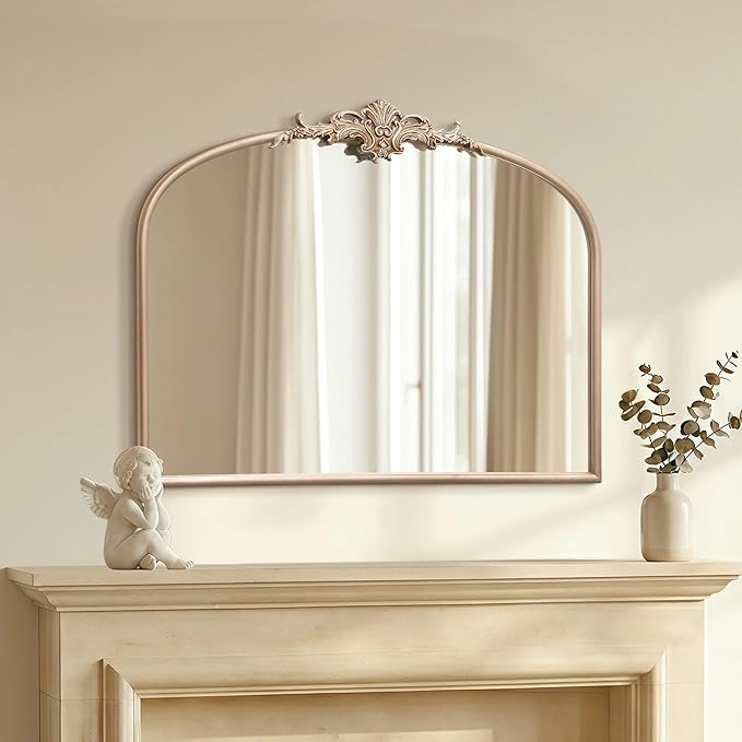 Besdomus Arched Vintage Gold Mirror: 32"x24" French Large Champagne Gold Antique Wall Mounted Mirror - Baroque Traditional Ornate for Fireplace/Bathroom/Living Room - Wall Decor for Fashion-Conscious