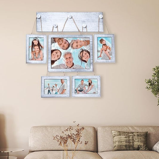 Collage Picture Frames Set of 5 for Wall – Rustic White Farmhouse Gallery Wall Frames with HD Plexiglass, Includes 4x6 & 8x10 Photo Frames, Vintage Wall Decor for Living Room, Bedroom & Home