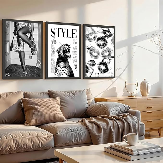 3Pcs Trendy Black and White Leopard Canvas Wall Art Vintage Newspeper Cheetah Wall Decor Fashion Girl Poster Heels Lips Picture Luxury Feminist Painting Print Poster Artwork for Apartment Dorm 12x16in Unframe