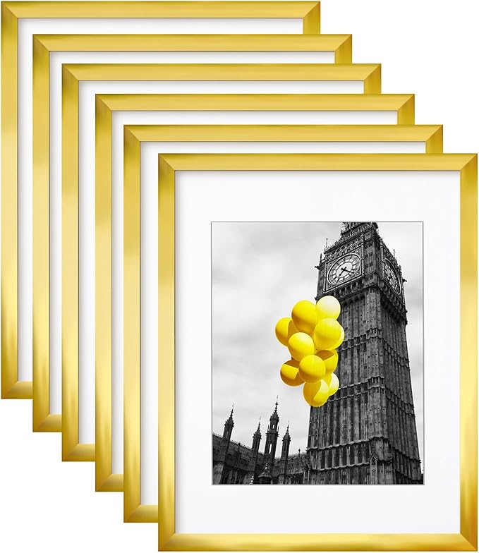11x14 Picture Frame Set of 6, Display Pictures 8x10 with Mat or 11x14 Without Mat,Wall Gallery Photo Frames, Sleek Gold