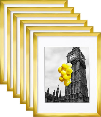 11x14 Picture Frame Set of 6, Display Pictures 8x10 with Mat or 11x14 Without Mat,Wall Gallery Photo Frames, Sleek Gold