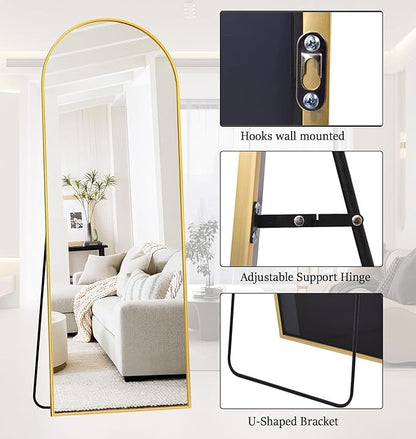 Rowjut 64"x21"Floor Mirror Arched Full Length Mirros, Mirror Floor Length Standing Hanging or Leaning/Large Full Body/Wall Mirror for Bedroom, Living Room, Aluminum Frame, Black