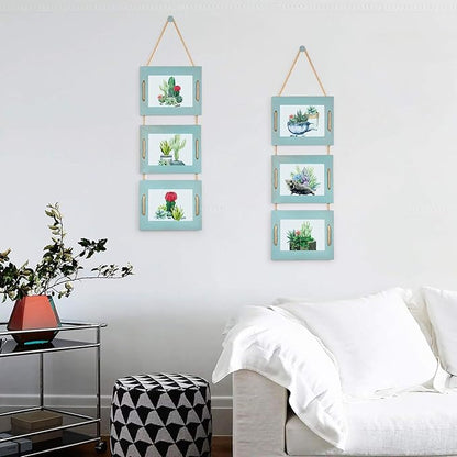 DLQuarts 5x7 Hanging Picture Frames Collage Wall Decor, Photo Frames 5x7 Without Mat & 3.5x5 with Mat, Rustic Wood 3-Frame, Ocean Blue, 2-Pack