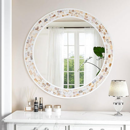 Tanmicoshomy Round Wall Mirror 30 Inch, Natural Brown Shell Framed Circle Mirrors with Tempered Glass for Coastal Bathroom Bedroom Living Room or Entrayway(Brown)