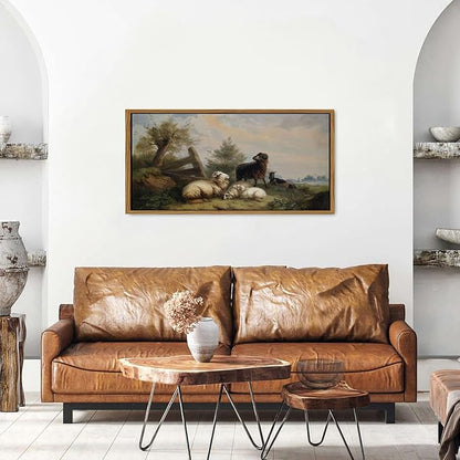 Rustic Sheep Canvas Wall Art Framed Vintage Country Pasture Animal Pictures Farmhouse Meadow Field Prints Painting Cottagecore Countryside Poster Artwork for Bedroom Living Room Home Decoration 20x40