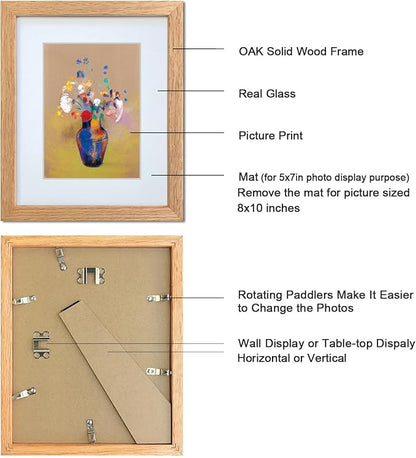 8x10 Picture Frame Set of 2 OAK Solid Wood with Real Glass for Pictures 5x7 with Mat or 8x10 Without Mat, Wall Mount or Tabletop Gallery Photo Frames(2 Pack, Oak)