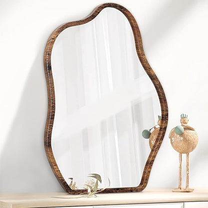 Small Asymmetrical Irregular Wall Mirror Wood Frame Mirror Unique Modern Wall-Mounted Artistic Cloud Shape Mirror Decor for Bathroom Bedroom Living Room Entryway Hallway Vanity