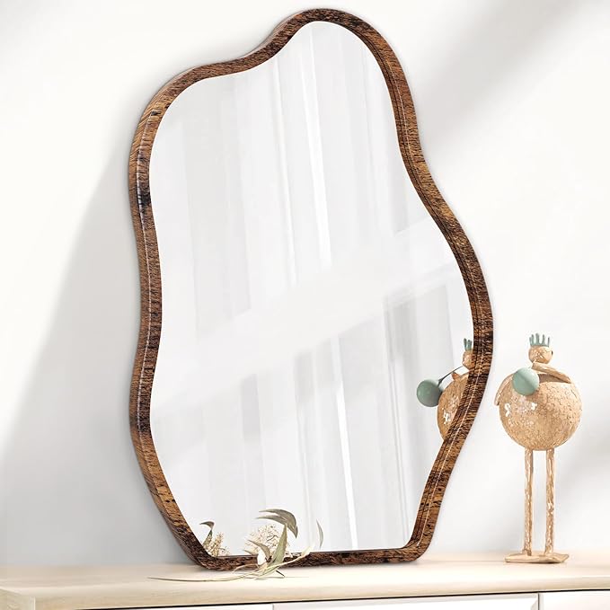 Irregular Mirror Wood Frame Modern Cloud Mirror Wall Unique Shape Asymmetrical Wall Vanity Artistic Mirrors Decor for Bedroom Living Room Bathroom Entryway Hallway Brown Large
