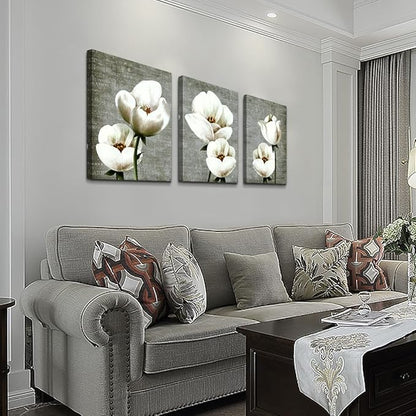 Lapremoly Canvas Wall Art For Bedroom Room Modern Wall Decor For Living Room Gray Green Vintage Style Wall Painting Artwork White Flowers Abstract Pictures 3 Panels Ready To Hang Kitchen Home Decor