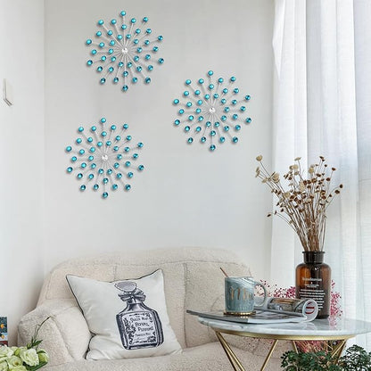 DXYAKY Set of 3 Modern Starburst Wall Decor, Metal Wall Sculpture with Crystal Accents, Blue 3D Wall Art for Living Room, Bedroom & Home, Elegant Hanging Wall Decoration