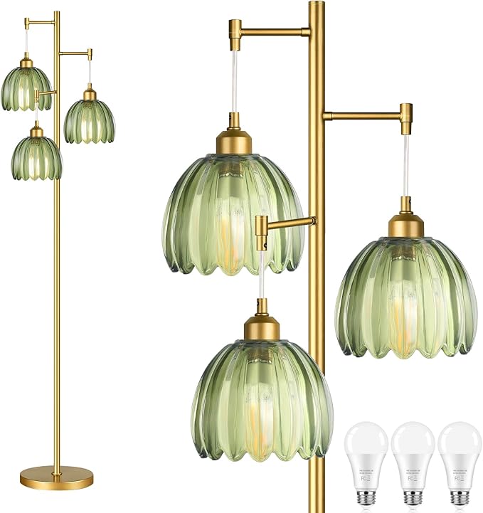 AHDWDW Gold Floor Lamp for Living Room Bedroom,Modern Tree Floor Lamps with Green Glass Shades,68IN Tall Standing Lamp with Bulbs,3 Lights Mid Century Vintage Floor Lamp for Corner Office Reading