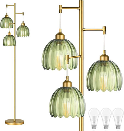 AHDWDW Gold Floor Lamp for Living Room Bedroom,Modern Tree Floor Lamps with Green Glass Shades,68IN Tall Standing Lamp with Bulbs,3 Lights Mid Century Vintage Floor Lamp for Corner Office Reading