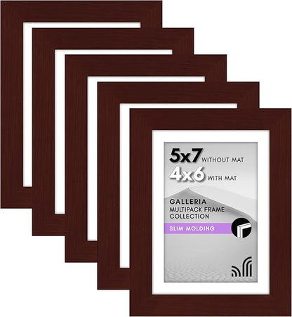Americanflat 5x7 Picture Frame with Polished Plexiglass - Set of 5 - Use as 4x6 Frame with Mat or Display 5x7 Photo Without Mat - Galleria Collection - Picture Frames for Tabletop and Wall - Mahogany