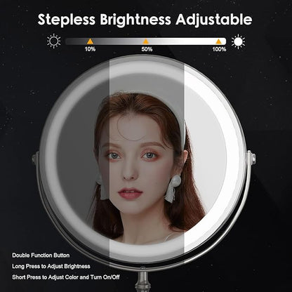 DEIOVWXS Makeup Mirror, 3000mAh Rechargeable Double-Sided Magnifying Vanity Mirror with 3 Colors, 1X/10X, Adjustable Brightness, Gifts for Mom, Mothers Day, Women, Wife, Girls, Dorm Room Essential