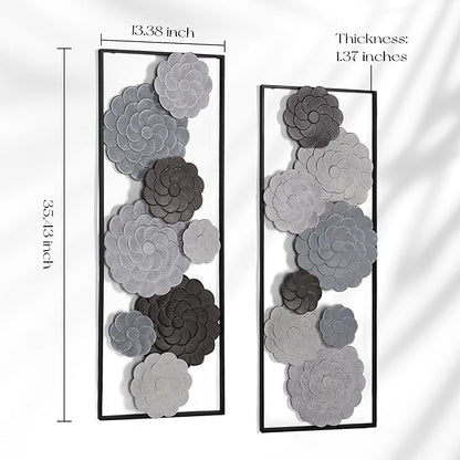 Oakrain 2 PCS Metal Wall Art - 35.4" X 13.4" Large Metal Flower Wall Decor with Frame, Modern Home Wall Decoration Sculpture for Living Room, Office, Bedroom, Study