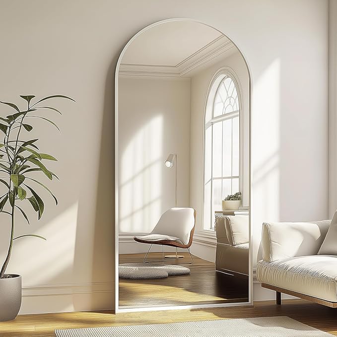 Full Length Mirror, 76''x34'' Full Floor Mirror with Stand, White Arched Wall Mirror with Aluminum Frame, Large Body Mirrors for Bedroom Living Room