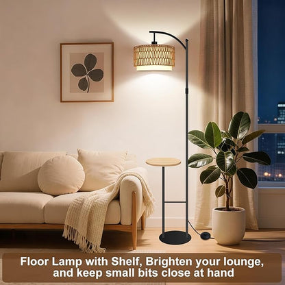 Vinaco Rattan Boho Floor Lamp with Table, Dimmable Floor Lamp with Remote Control Foot Switch, Wicker Tall Lamps 3 Color Temperatures, Adjustable Height Standing Lamps for Living Room Bedroom Office