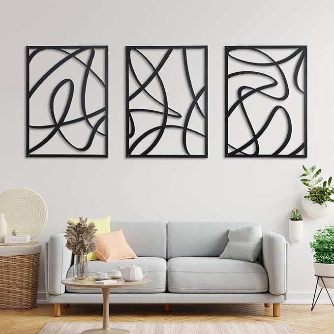 Zzbakress 3 Pcs Black Metal Wall Decor Abstract Wall Art Decor Fine Curve Wall Decoration Minimalist Metal Decoration Single Line Wall Art for Living Room Bedroom Bathroom (Elegant)