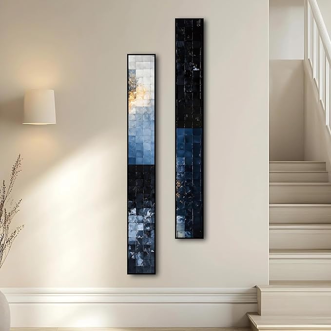 Large Framed Long Narrow Vertical Abstract Wall Art Set of 2, Premium Crystal Porcelain Canvas Prints, Neutral Modern Design - Perfect for Entryway, Hallway, Living Room, Bedroom - 63x10 inch