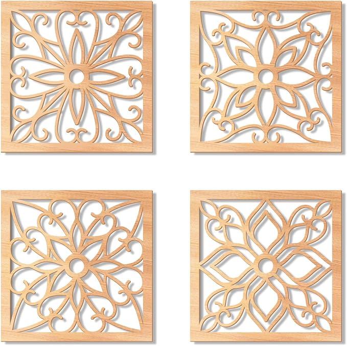 KOYILTD 4 Pieces Thicken Rustic Wall Decor,Flower Carved Wall Art,Wooden Hollow Carved Design (Square, 8.2in)