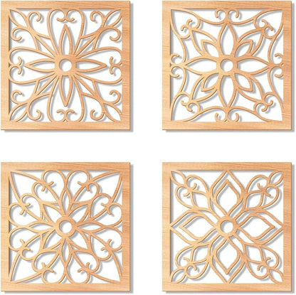 KOYILTD 4 Pieces Thicken Rustic Wall Decor,Flower Carved Wall Art,Wooden Hollow Carved Design (Square, 8.2in)