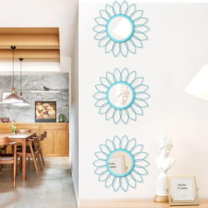 3 Pack Metal Mirrors for Wall Sunburst Wall Mirrors Home Décor Decorative Hanging Wall Art for Living Room Bedroom Entryway (Greenish Blue, Flowers)