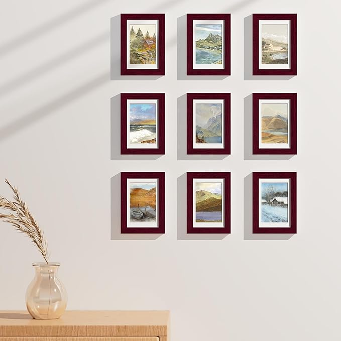Vittanly 4x6 Picture Frames Set of 9, Display 3.5x5 Pictures with Mat or 4x6 without Mat, Photo Frames for Wall or Tabletop with Plexiglass, Engineered Wood, Cherry Red