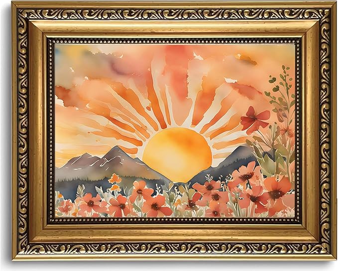 WZGZXU Gold Framed Wall Art Boho Wall Decor Sunset Canvas Art Sun Pictures Wildflower Paintings Landscape Prints Watercolor Artwork For Living Room Bedroom Office