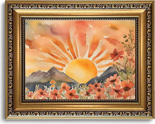 WZGZXU Gold Framed Wall Art Boho Wall Decor Sunset Canvas Art Sun Pictures Wildflower Paintings Landscape Prints Watercolor Artwork For Living Room Bedroom Office