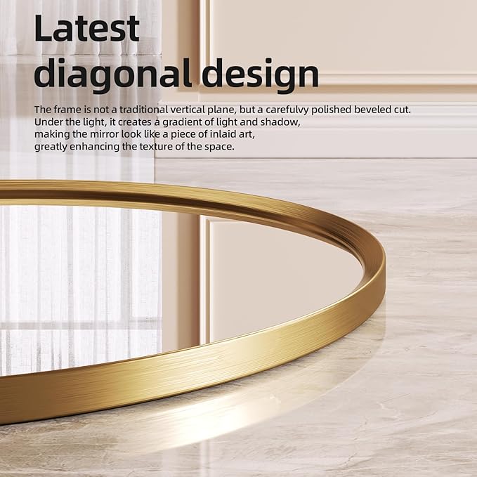 Brushed Golden Large Round Bathroom Mirror for Wall, 24 inch Large Golden Circle Mirror for Wall, New Frame Design, Tempered Glass,Wall Mounted Circle Mirror for Vanity, Entryway, Bedroom