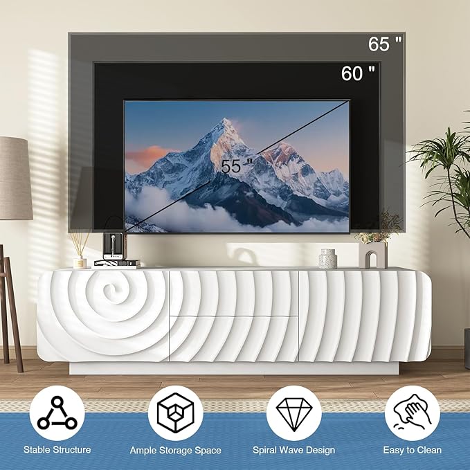 TV stand for 65'' TV , Media Console Table with Storage Cabinet, Spiral Wave Design,Low Profile Credenza for Living Room,Entertainment Center Television Stand with Curved Corner for Bedroom White