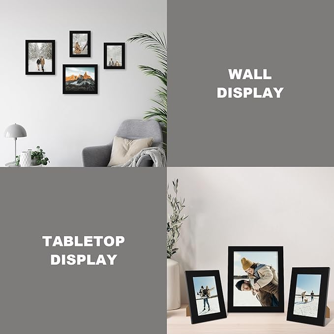 iRahmen 8x10 Picture Frame Set of 2 with HD Glass, Black Wood Photo Frames Display 5x7 Picture with Mat or 8 x 10 Without Mat for Horizontal or Vertical Tabletop and Wall Mounting