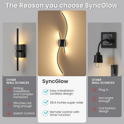 Battery Operated Wall Sconces Set of Two, 10000mAh Rechargeable Modern Wall Lights with Remote Control, Dimmable Black LED Cordless Lighting for Living Room, Bedroom, Hallway, 39.4 Inch, 3CCT