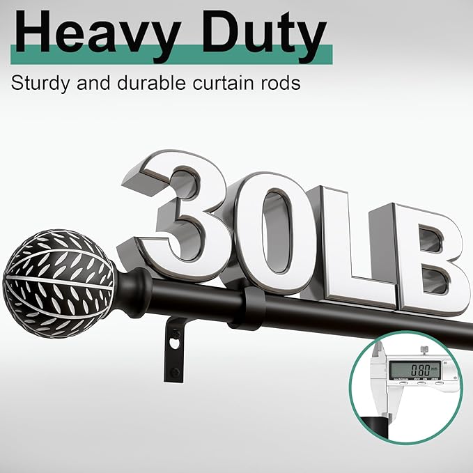QDWIS Black Curtain Rods for Windows 66 to 120 Inch,1'' Diameter Drapery Rods with Leaf Pattern Finials,Decorative Adjustable Heavy Duty Curtain Rods Set,36-120''