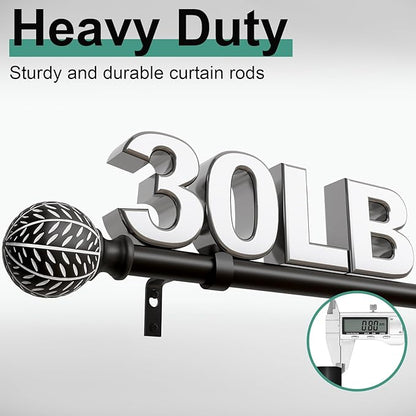 QDWIS Black Curtain Rods for Windows 66 to 120 Inch,1'' Diameter Drapery Rods with Leaf Pattern Finials,Decorative Adjustable Heavy Duty Curtain Rods Set,36-120''