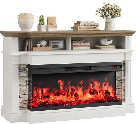 QUW Fireplace TV Stand for TVs up to 65", Farmhouse 52" Fireplace Entertainment Center with 36" 3-Side Glass Electric Fireplace, TV Console with Open Storage Shelves for Living Room, Antique White
