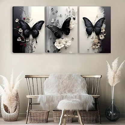 Pormipone 3 Pcs Black Butterfly Canvas Wall Art, White Flower Wall Decor, Butterfly Picture for Wall Living Room Bathroom Bedroom Home Decoration 12 * 18 in (Poster No Frame)