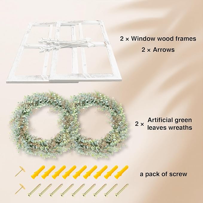WAKOSAN Rustic Wood Window Frame with Green Wreath and Arrows Wall Decor, Farmhouse Wooden Fake Window Decoration for Bedroom Living Room,Set of 2 (Large White)